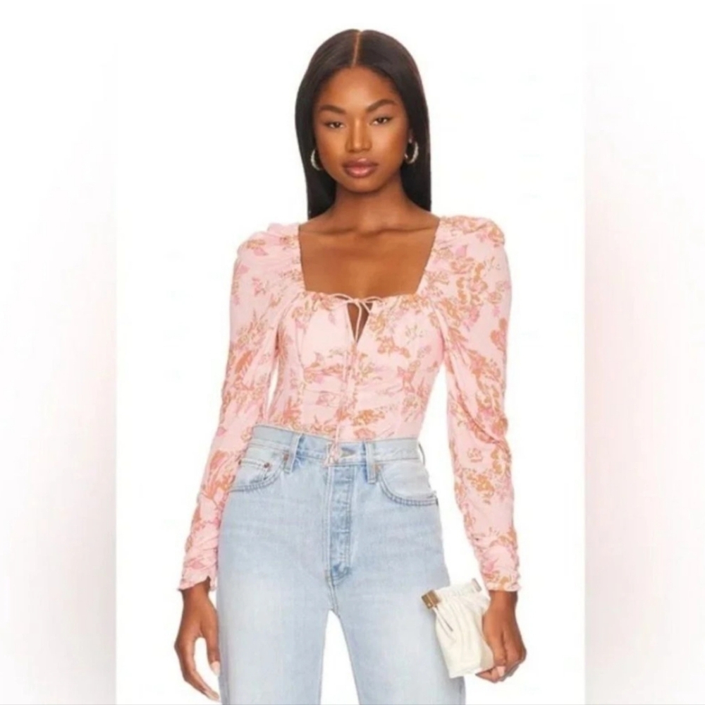Free People NWT Hilary Printed Top Keyhole Square Neck Ruched Smocked Pink S